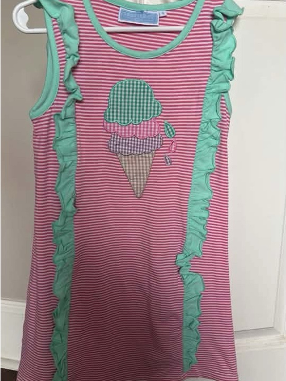 Girls Pink Striped Ice Cream Ruffle Tank Top with Mint Trim
